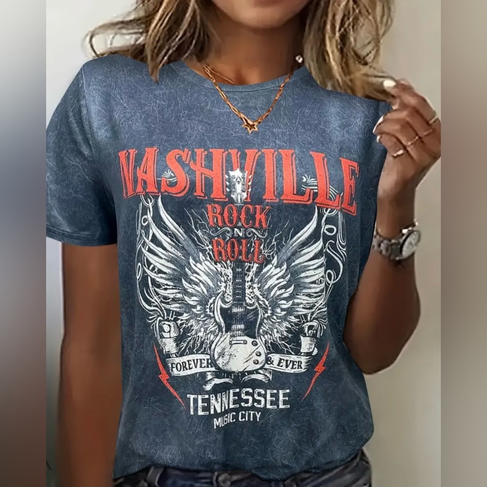 NASHVILLE ROCK AND ROLL CASUAL SHORT SLEEVE GRAPHIC TEE